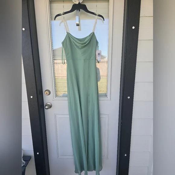 City Studio Elegant Teal Maxi Dress  Sz 1 Pearl Sleeve Cowl Neck Slit  Holiday - Picture 2 of 16